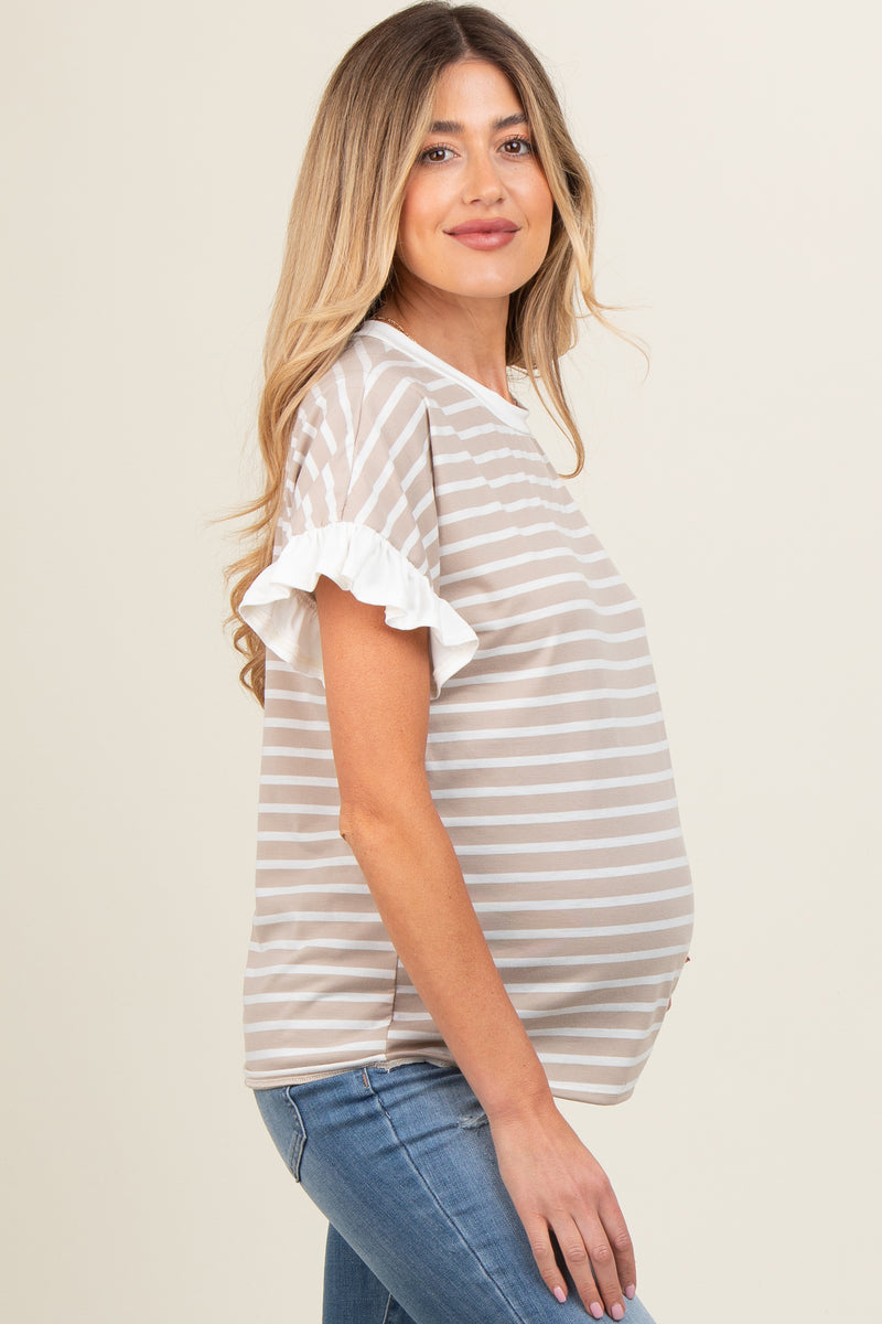 Taupe Ribbed Long Sleeve Colorblock Maternity Top
