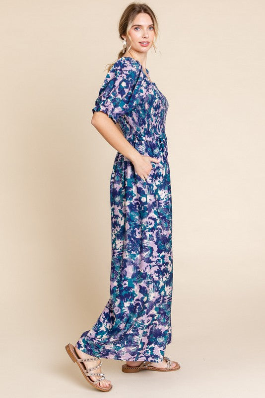 Round Neck Beaded Jumpsuit with Cutout Sky Blue