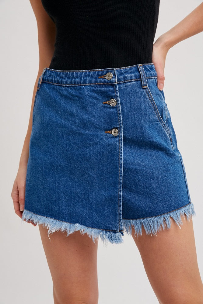 Stretch Denim Skort with Frayed Hem main image 0