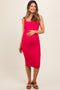 Fuchsia Mesh Ruched Bodycon Maternity Midi Dress