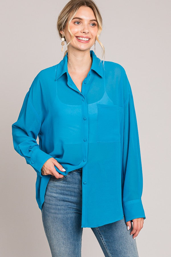 Teal Sheer Reveal Button Down Blouse main image 0