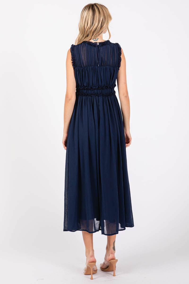 Long Sleeve Chiffon Rouched Midi Dress Navy