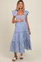 Blue Striped Smocked Ruffle Tiered Maternity Midi Dress