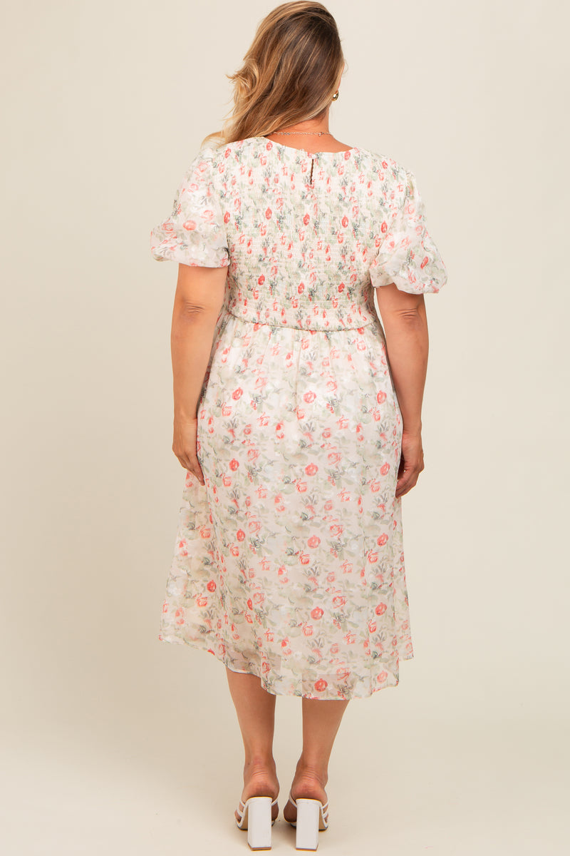 Plum Floral Smocked Waist Long Sleeve Maternity Midi Dress main image 0