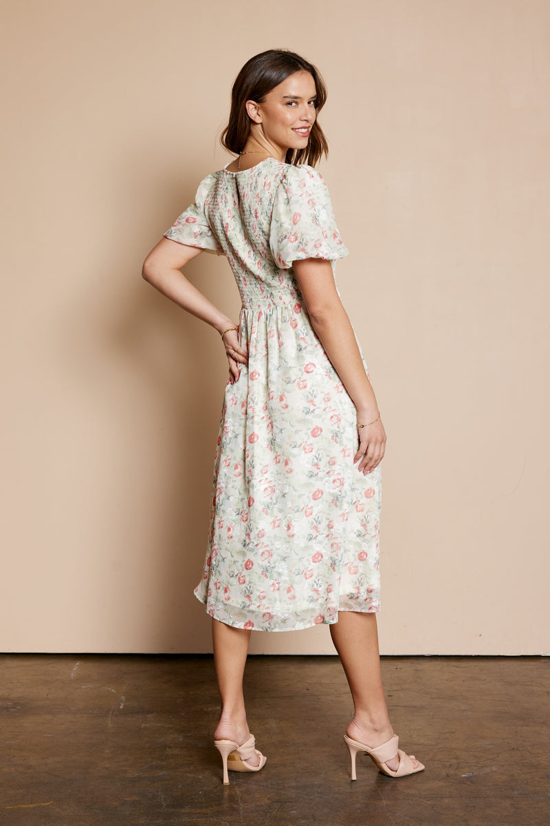Cream Floral Print Smocked Sleeveless Midi Dress