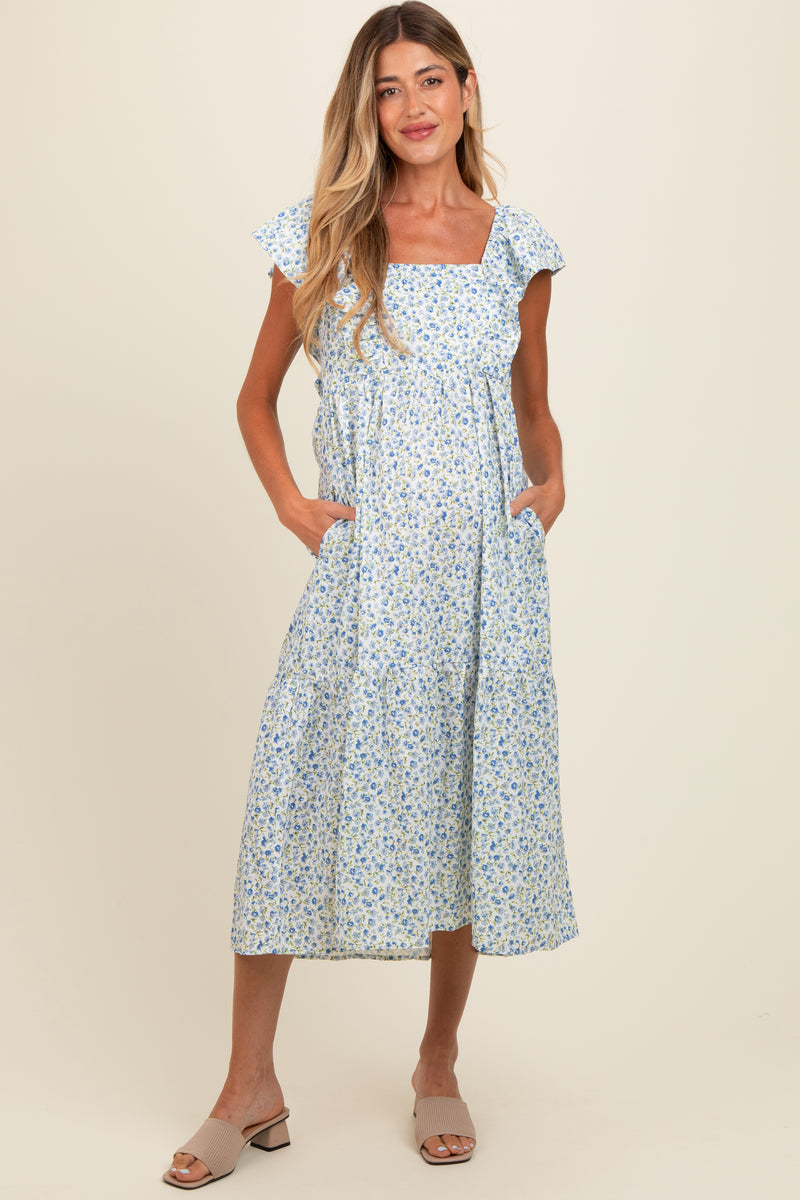 Blue Floral Scallop Hem Shoulder Tie Maternity Midi Dress main image 1
