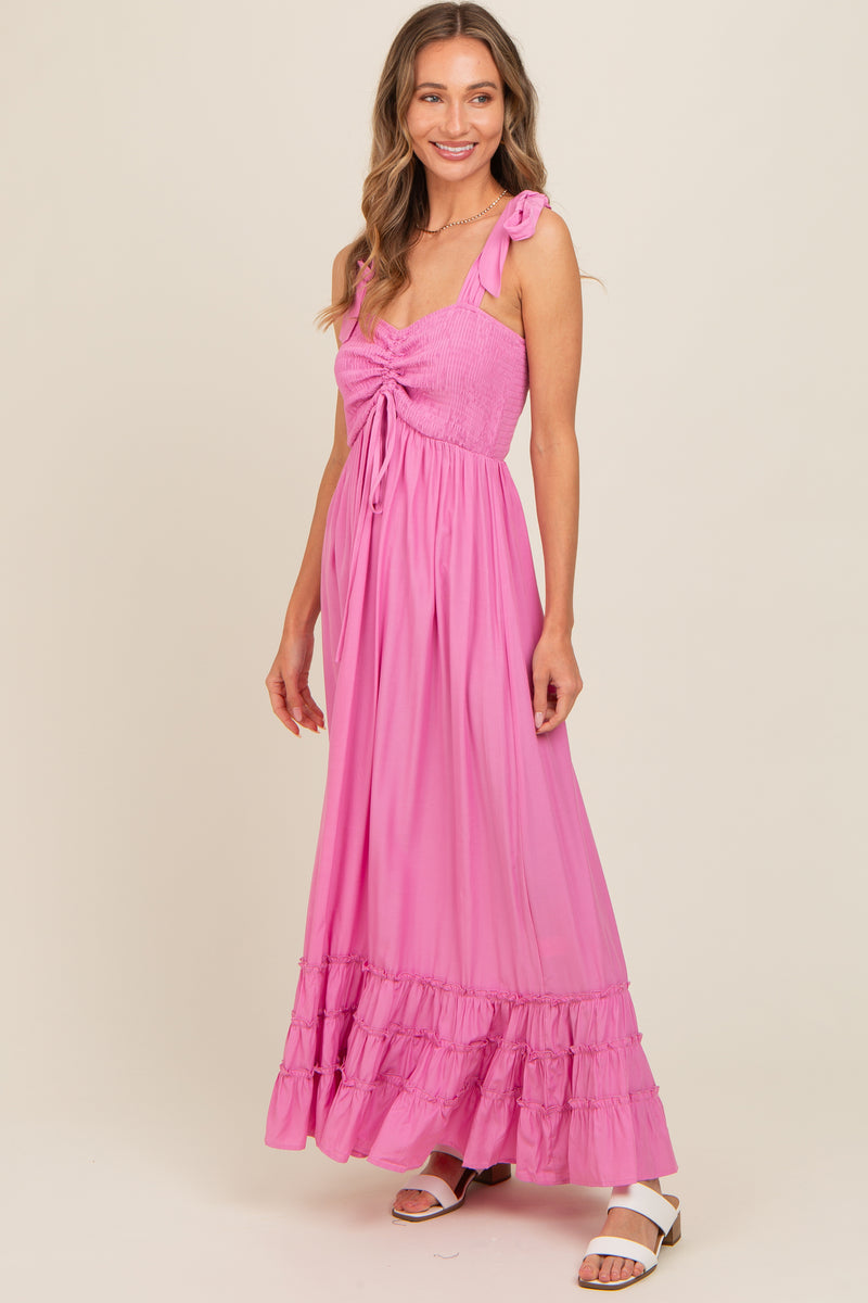 Floral Smocked Maxi Dress with Shoulder Straps – Pink & White