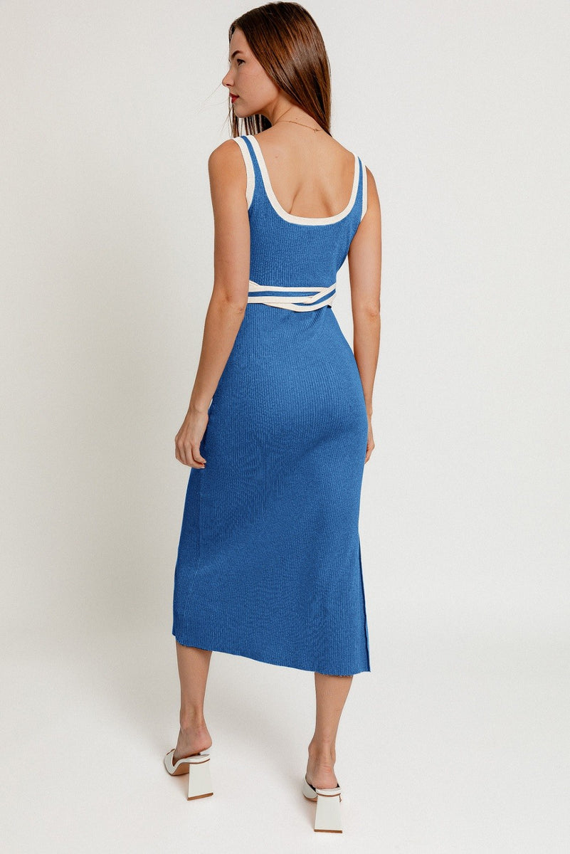 Navy Ribbed Square Neck Midi Dress