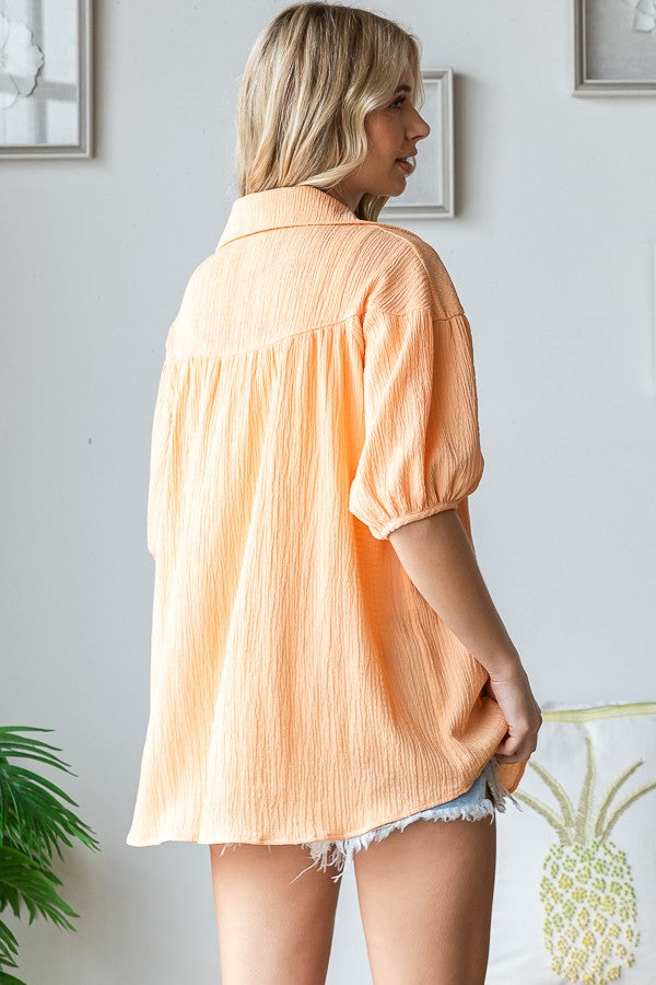 Pointed Collared  Button Up Top Peach