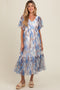 White Leaf Print Mesh Smocked Maternity Midi Dress