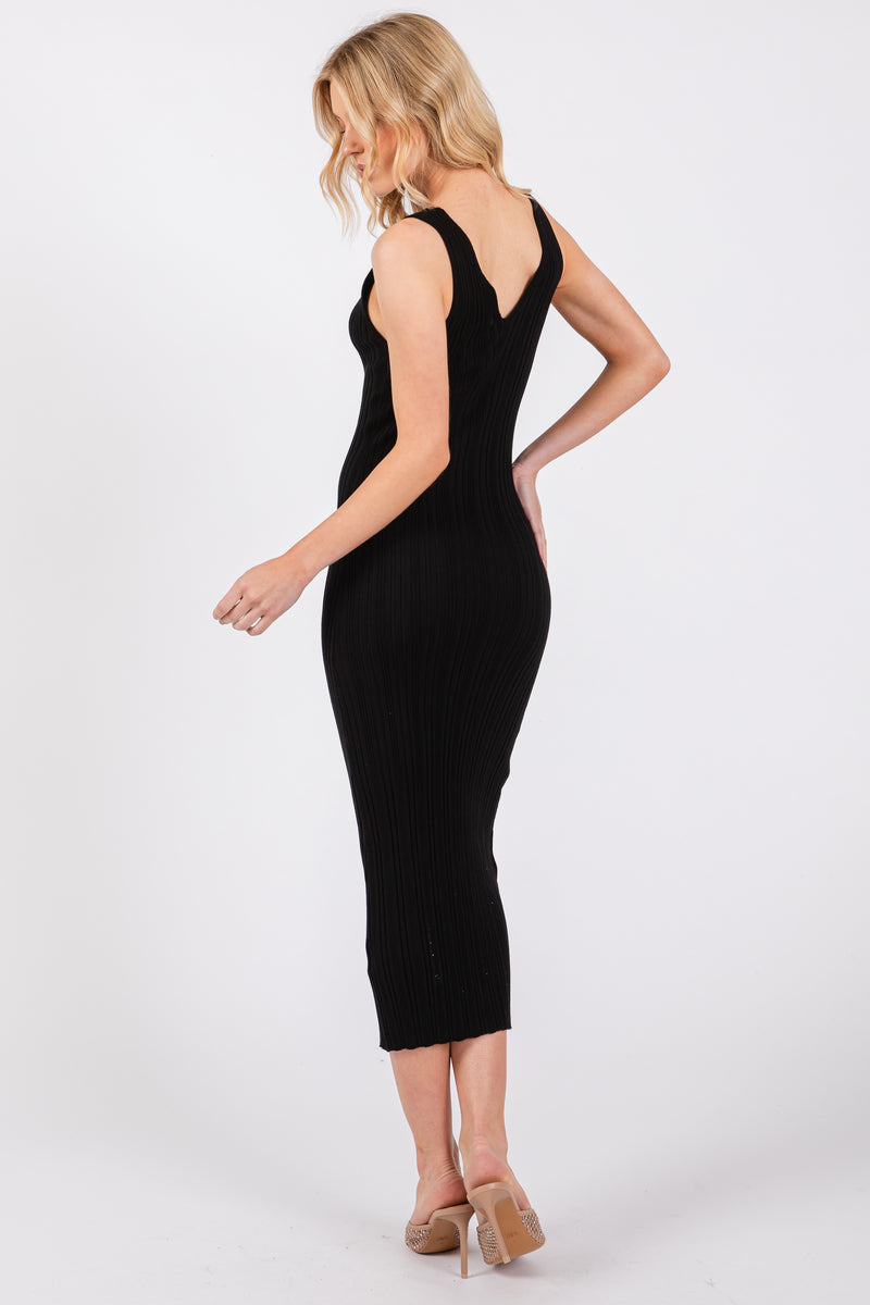 Black V Neck Sleeveless Knit Midi Dress– PinkBlush