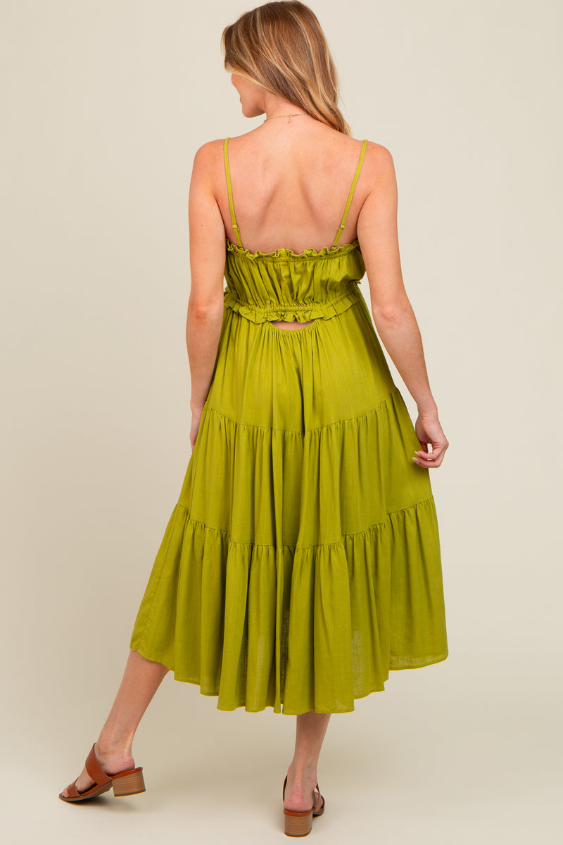 Beige Scallop Trim Tiered Maternity Midi Dress
