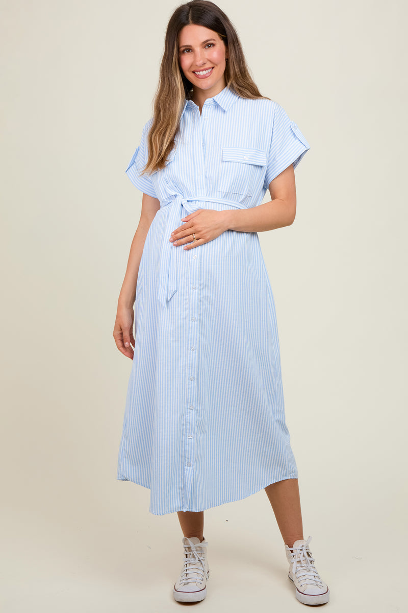 Blue Striped Shoulder Tie Maternity Midi Dress