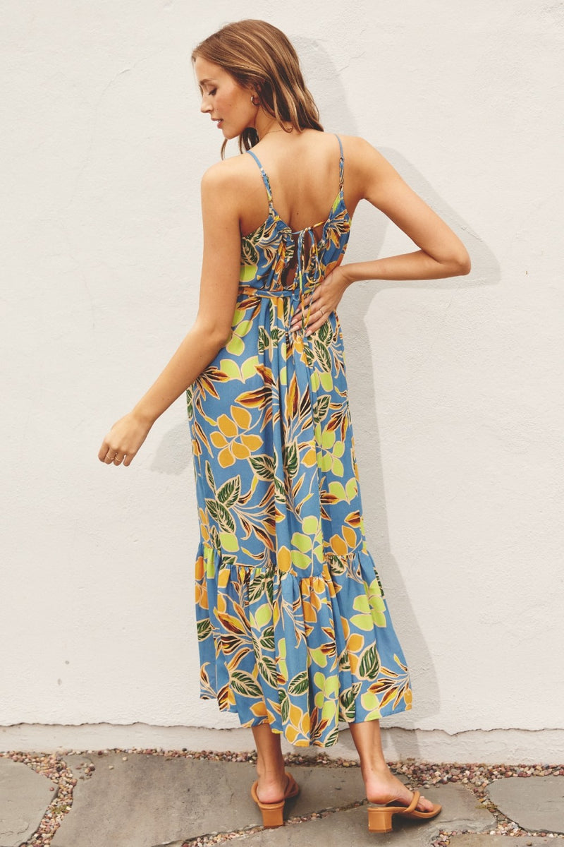 Blue Floral Open Back Midi Dress PinkBlush