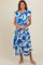 Blue Abstract Print Collared Belted Dress