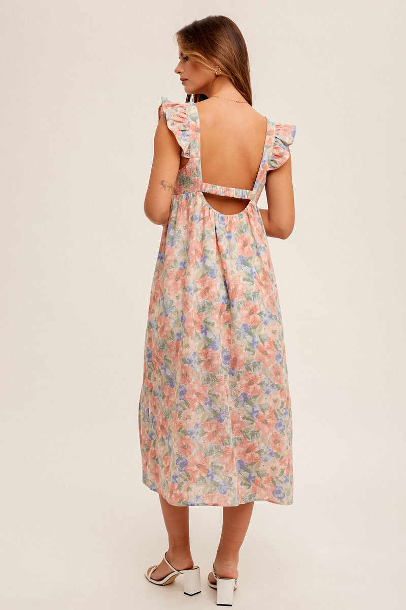 ROSE EMBELLISHED RUFFLED MIDI DRESS IN PINK