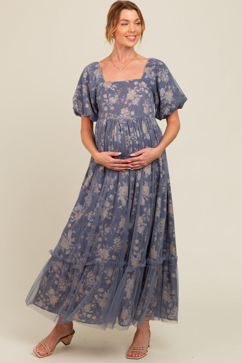 Navy Floral Sleeveless Tiered Maternity Maxi Dress