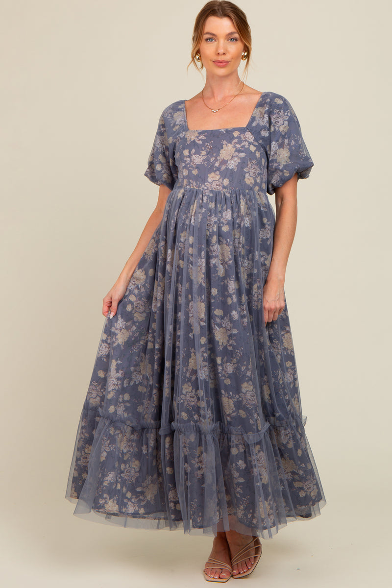 Mauve Floral Printed Mesh Overlay Maternity Maxi Dress main image 0