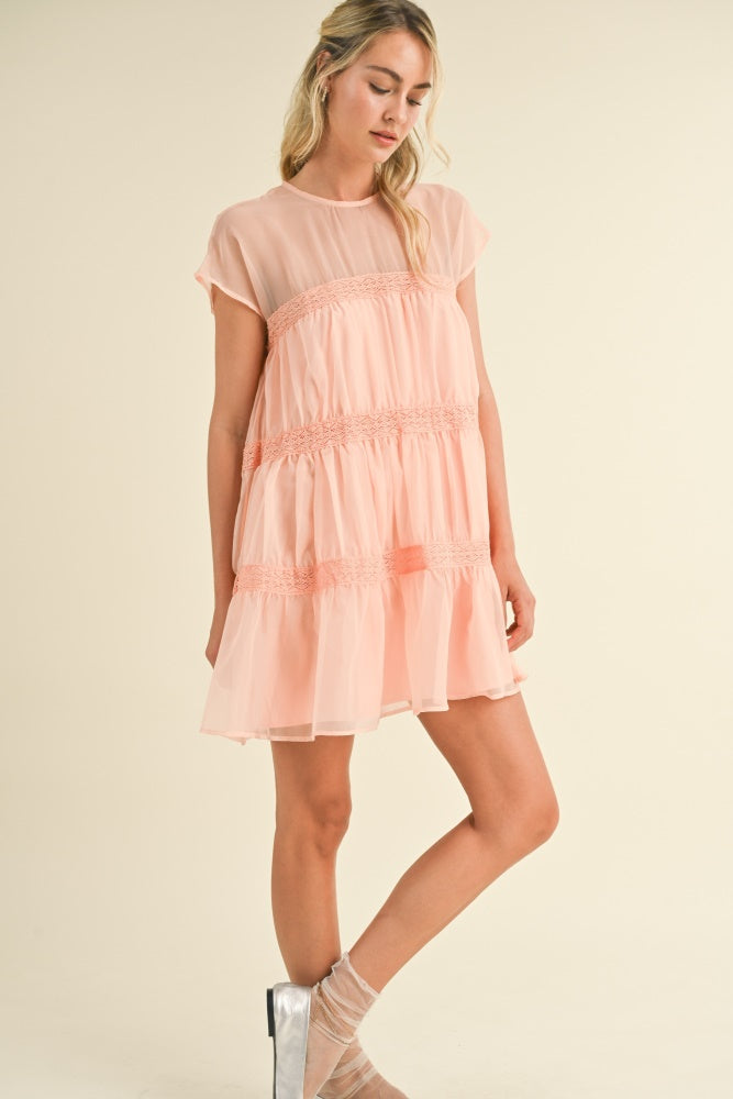 Ari Ruffle Crochet Detail Mini Dress Blush