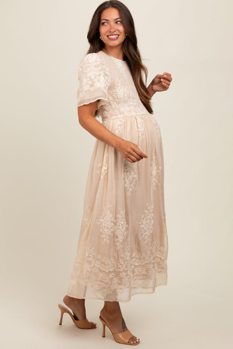 Cream Embroidered Smocked Maternity Midi Dress  PinkBlush