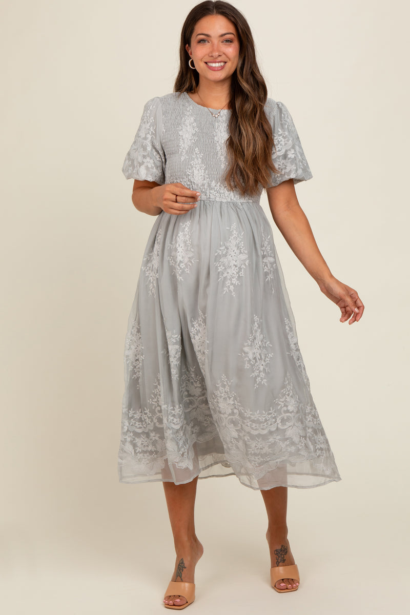 Multicolor Floral Mesh Smocked Cinched Bodice Maternity Midi Dresses