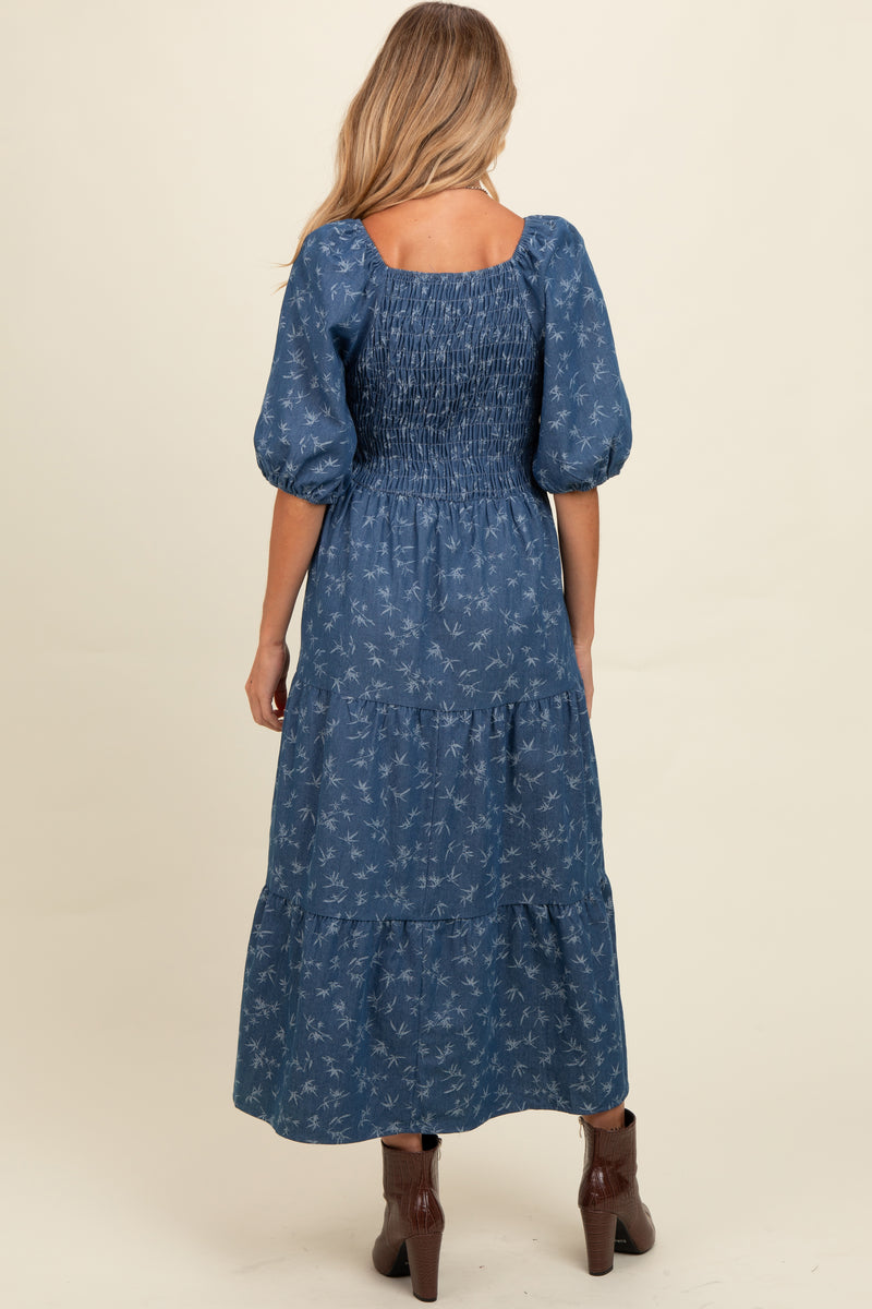 Blue Chambray Overall Tiered Maternity Plus Midi Dress