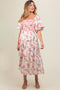Pink Floral Smocked Puff Sleeve Maternity Midi Dress