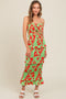 Lime Floral Smocked Drawstring Front Cutout Ruffle Trim Midi Dress
