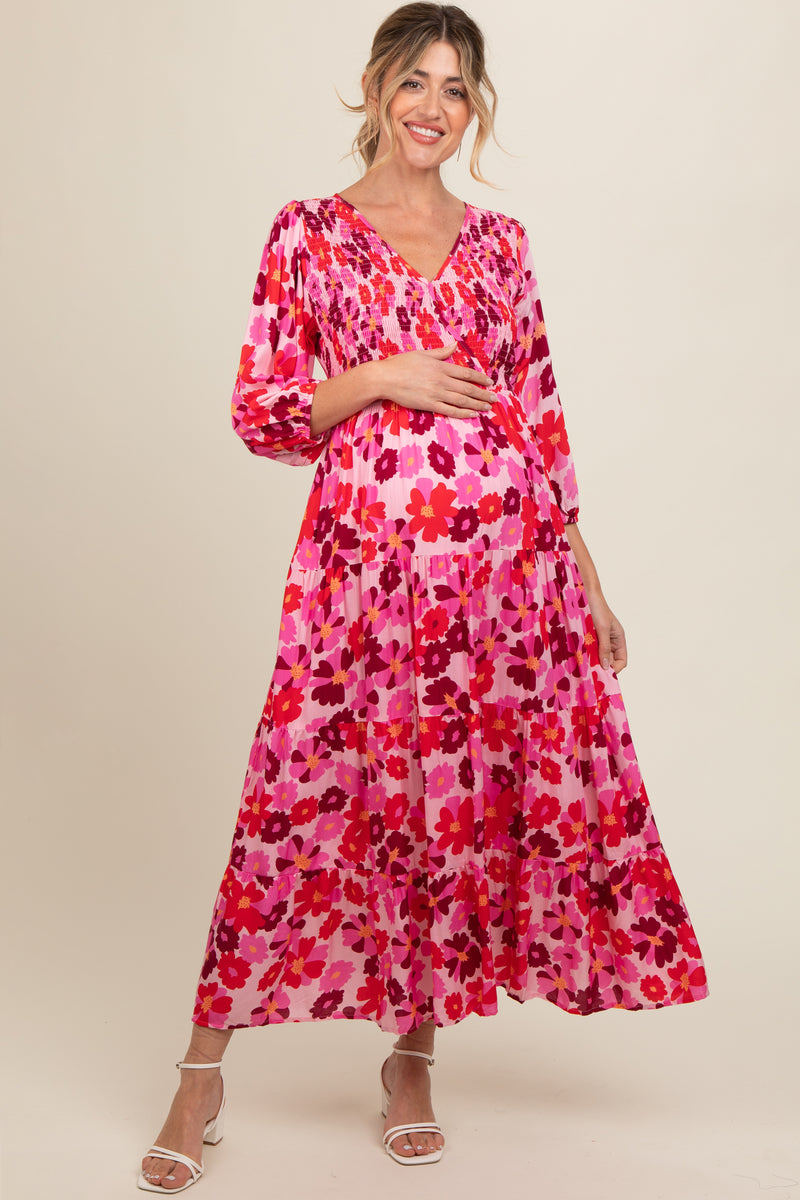 Momsmood Pink Falbala Semicircular Neck  Daily Maternity Midi Dress