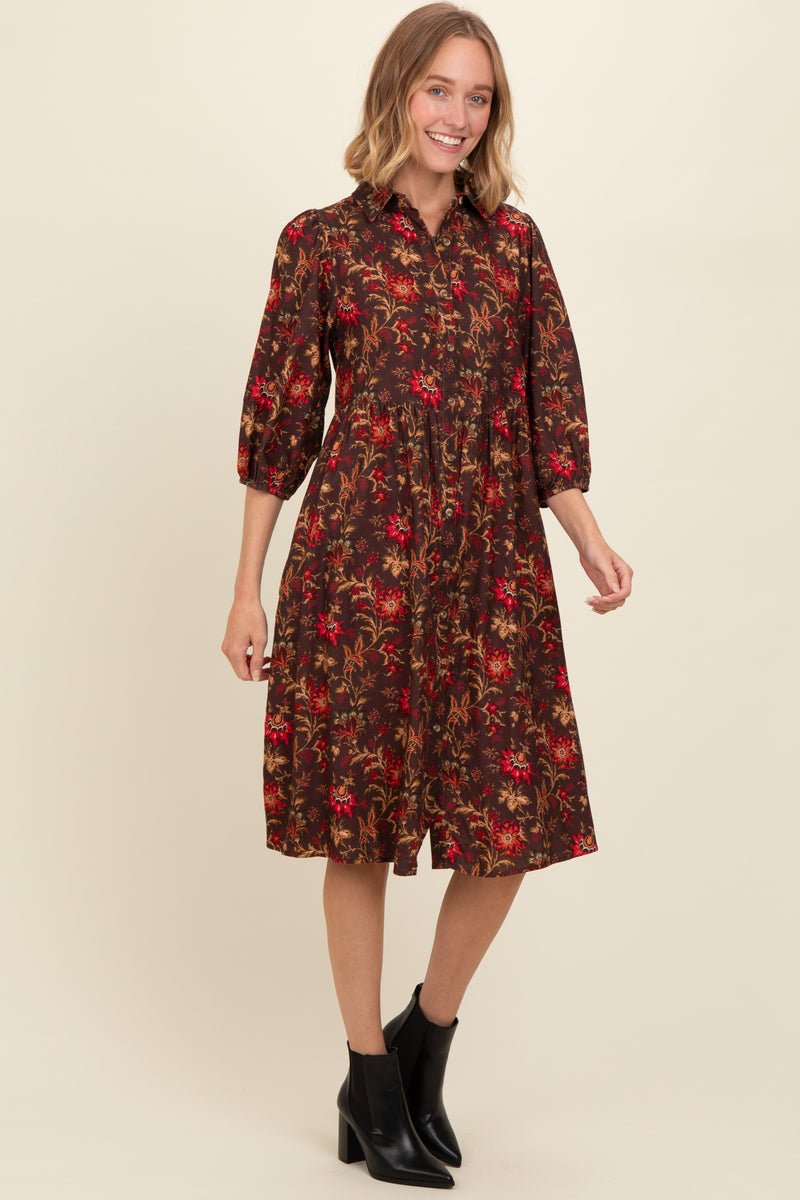 Floral Noir Pleated Pintuck Button Down Dress main image 1