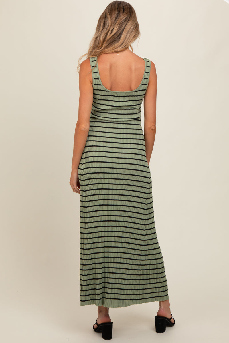 Beige Striped Knit Fitted Sleeveless Maternity Maxi Dress main image 0