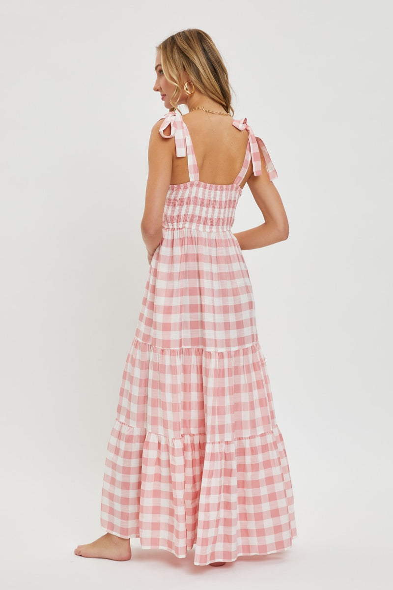 Sky Blue Knot Back Ruffled Short Sleeve Gingham Maxi Dress main image 0