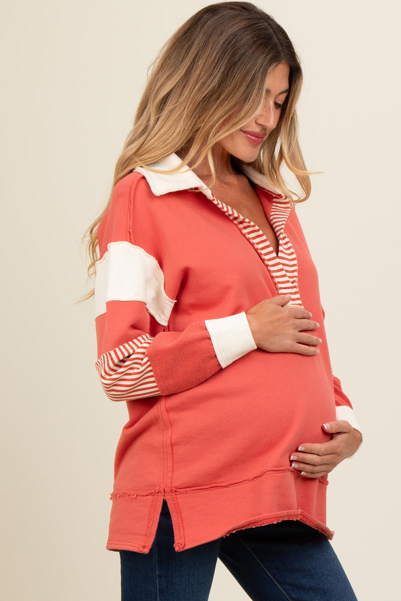 Ivory Striped Colorblock Collared Maternity Pullover Top main image 0