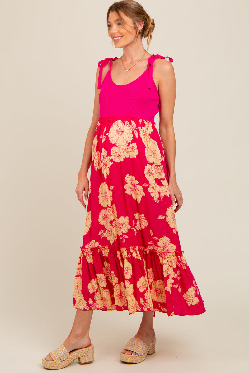 Fuchsia Floral Satin Pleated One Shoulder Asymmetrical Maternity Midi Dress