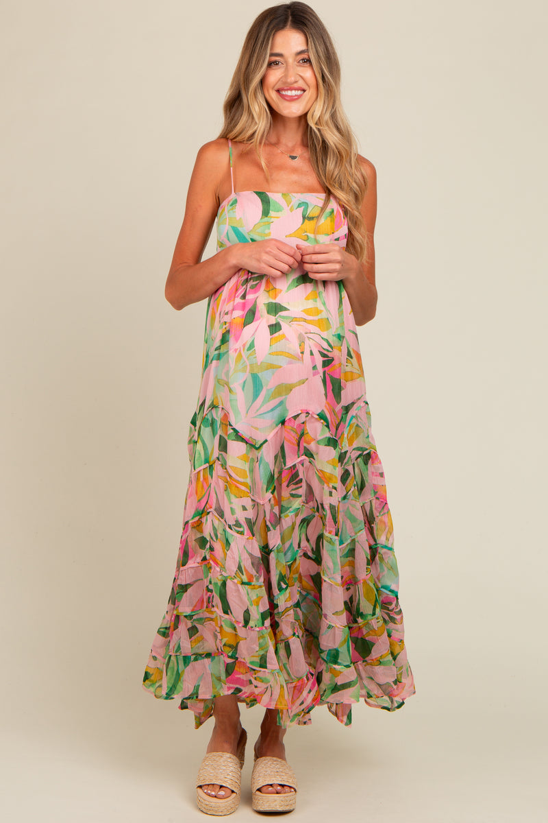 Pink Floral Square Neck Ruffle Layered Maternity Maxi Dress