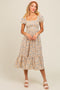 Cream Floral Smocked Ruffle Hem Midi Dress