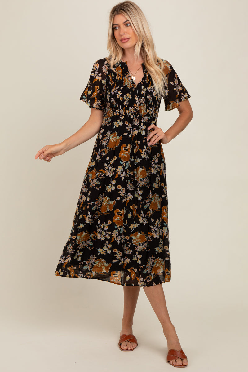 Black & White Floral Print Midi Dress With Smocked Waist
