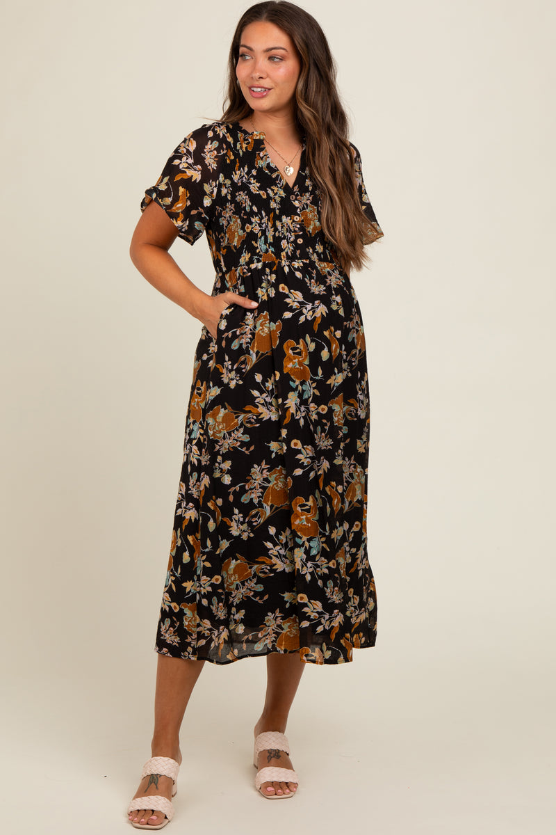 Plum Floral Smocked Waist Long Sleeve Maternity Midi Dress