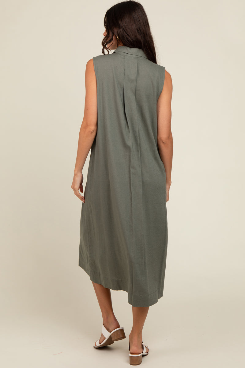 Women Olive Front Button Midi Dress