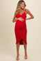 Red Ruched Mesh Fitted Maternity Tulip Hem Dress