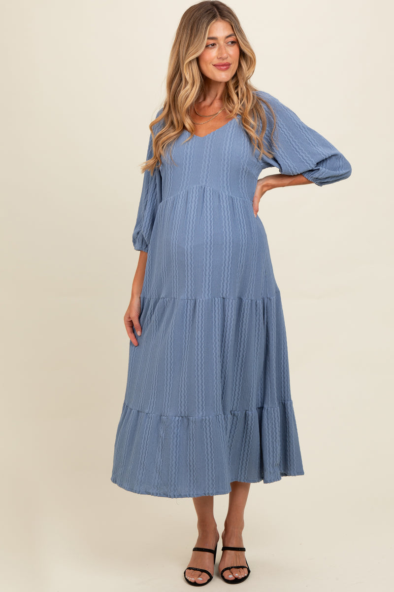 Blue Embroidered Tiered Maternity Midi Dress – PinkBlush