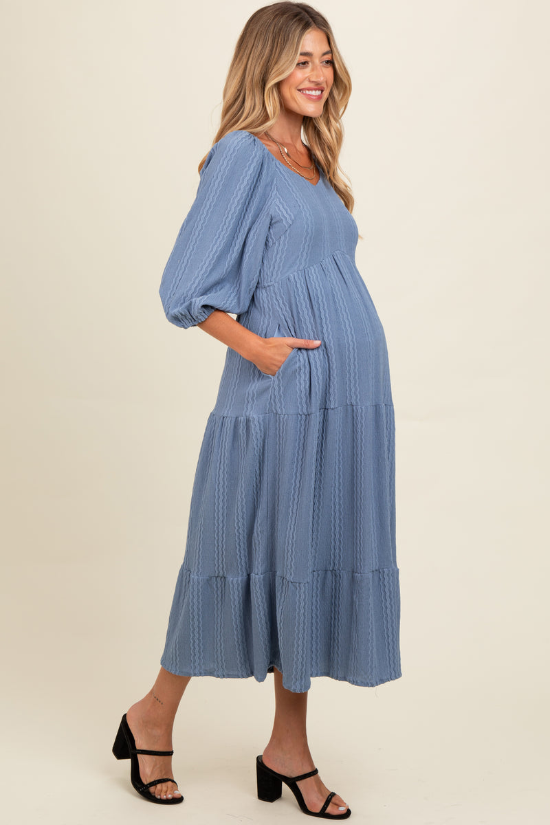 Blue Embroidered Tiered Maternity Midi Dress – PinkBlush