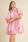 Cool Pink Bubble Sleeve Button Down Babydoll Dress