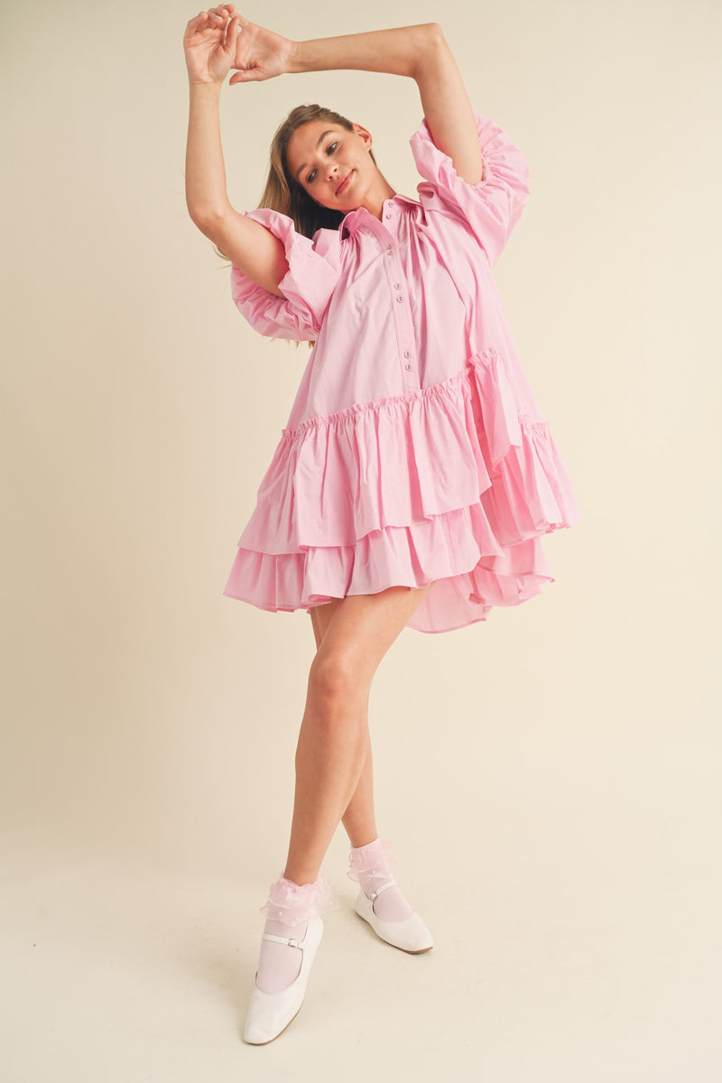 First Love Full Size Color Blocked Button Down Babydoll Dress