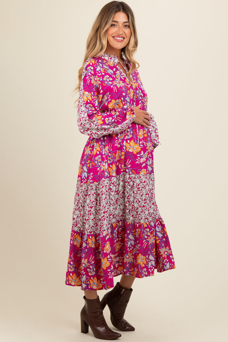Light Pink Floral Shoulder Tie Maternity Midi Dress