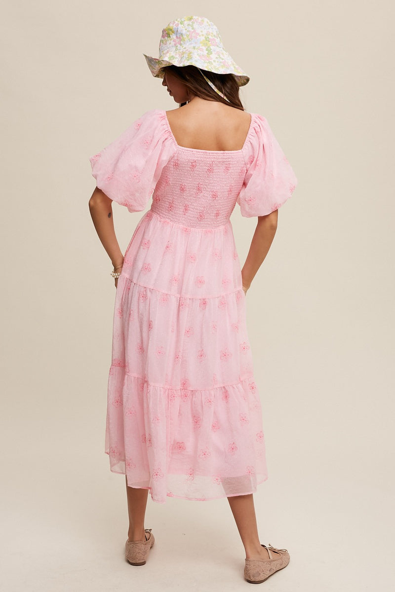 Pink Stripe Plus Size V Neck Short Puff Sleeve Tiered Maxi Dress