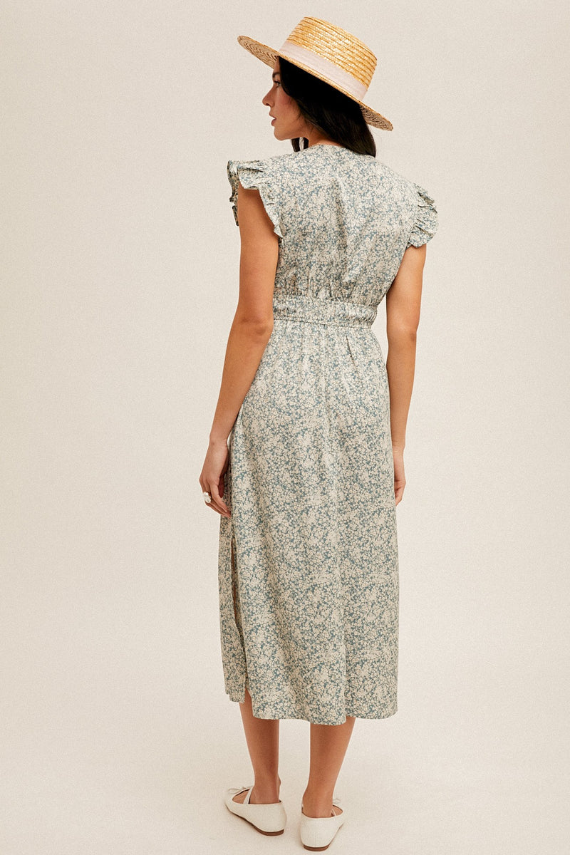 Dusty Blue Flutter Sleeves Floral Print Midi Dress – PinkBlush