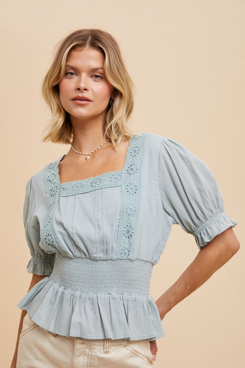 Dusty Sage Eyelet Square Neck Puff Sleeve Blouse – PinkBlush