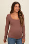 Brown Ribbed Square Neck Long Sleeve Maternity Top