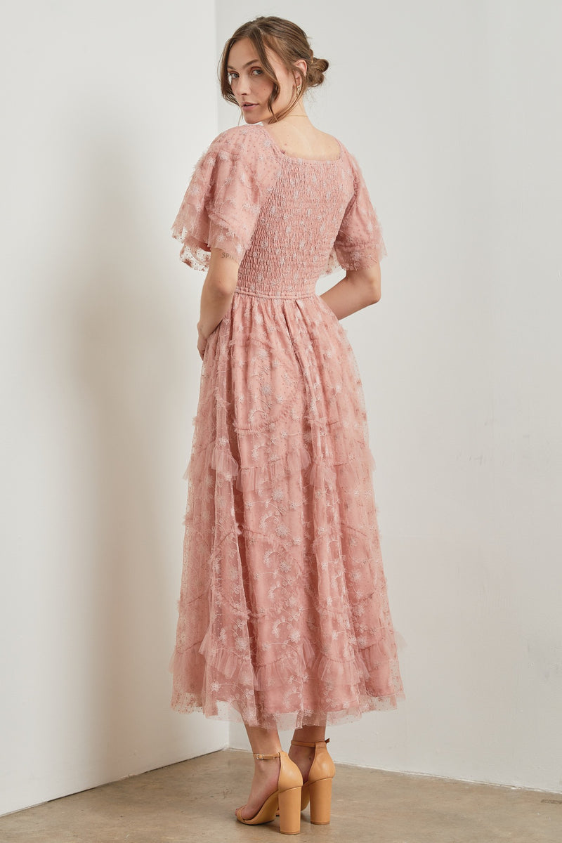 Pink Button-Up Belted Floral Midi Dress